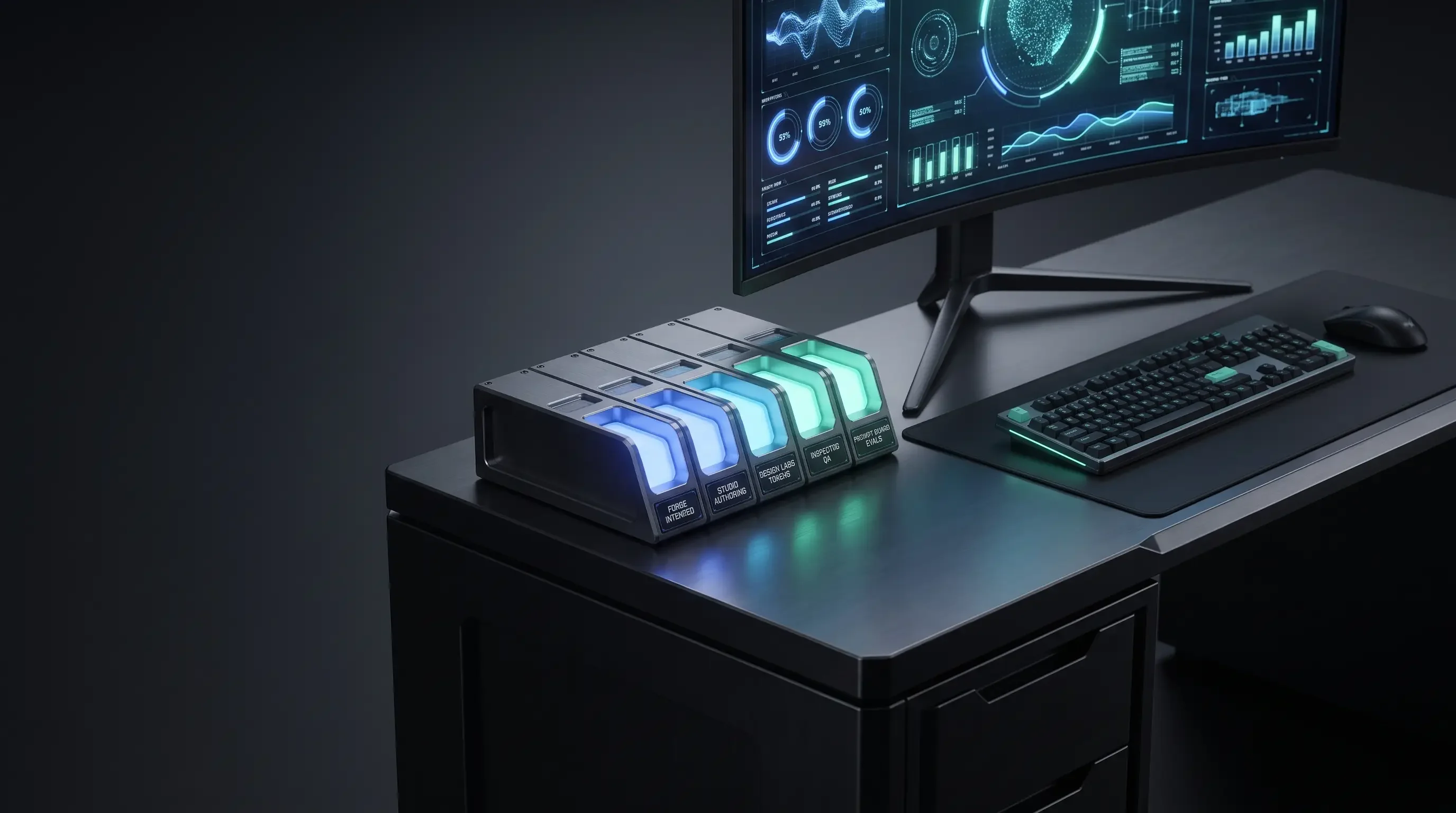 Creytix control plane — abstract forge console with five module lanes on a dark premium shell