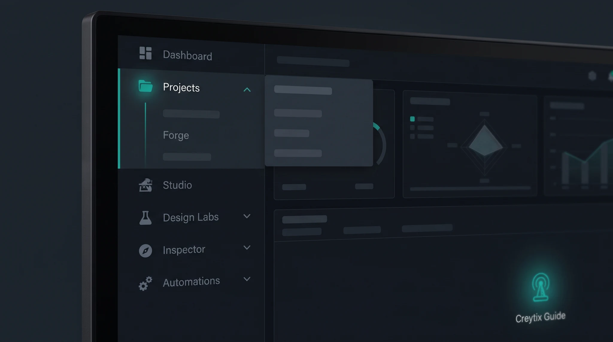 Creytix platform studio — five module chips and Connect tool lanes