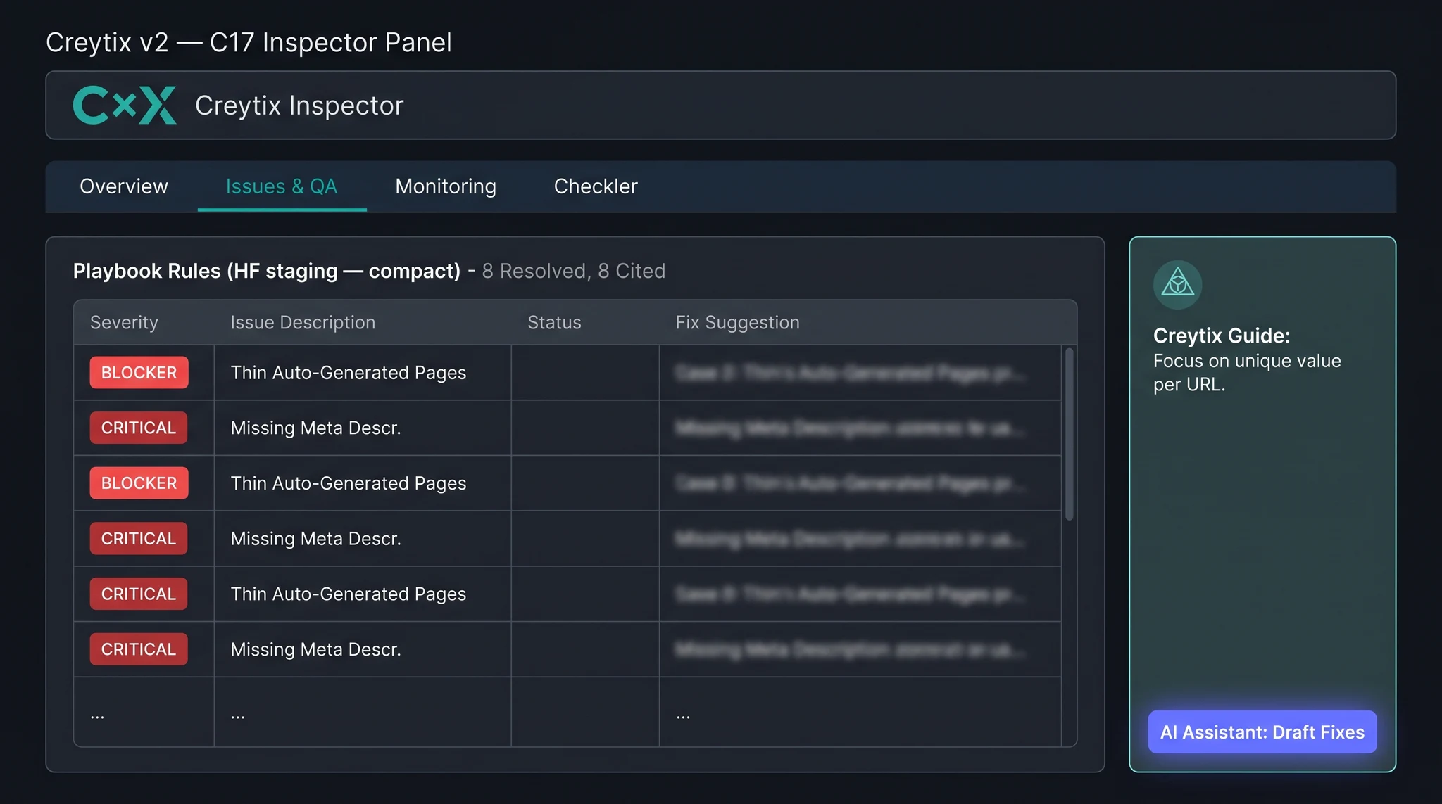 Creytix Inspector — QA console and audit checklist hero