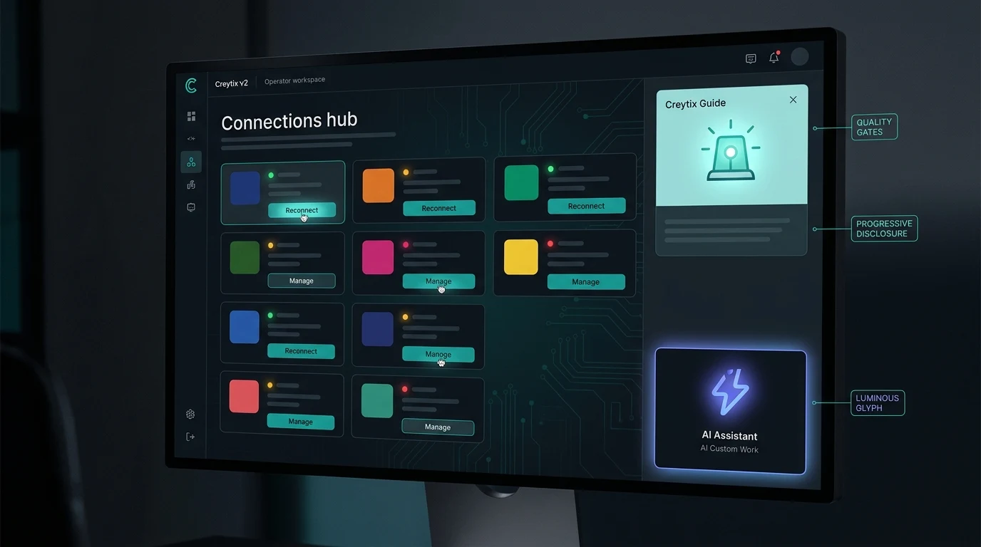 Creytix Connect registry — abstract operator panel with native tool lanes