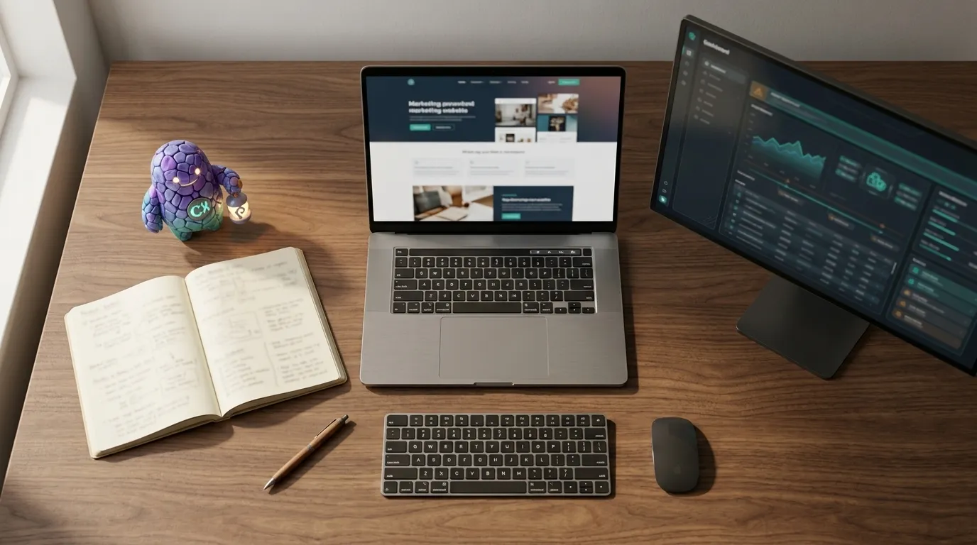 An overhead view of one desk: a notebook of handwritten notes, a laptop showing a finished website, and a second screen showing a control dashboard.