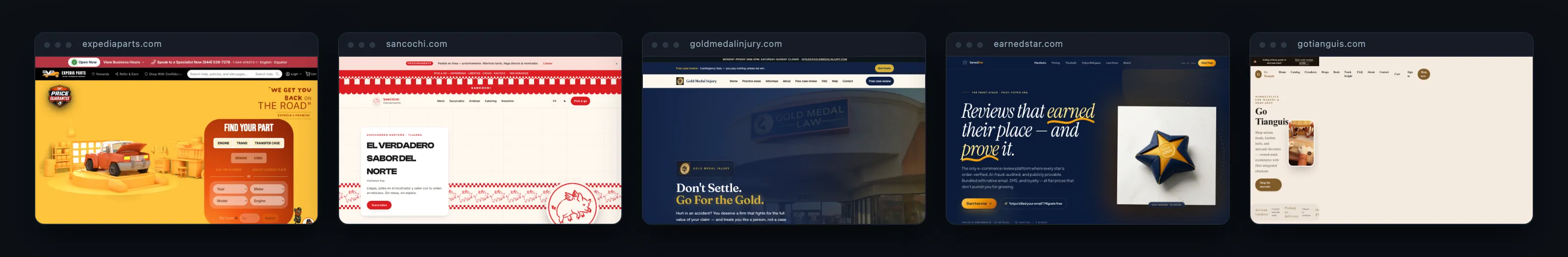 Five live websites shown in browser frames: expediaparts.com, sancochi.com, goldmedalinjury.com, earnedstar.com and gotianguis.com.