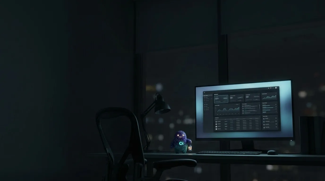 A darkened workspace at the end of the day: one screen still lit with a calm dashboard, an empty chair, a small stone figurine with a lantern on the desk, city night through the window.