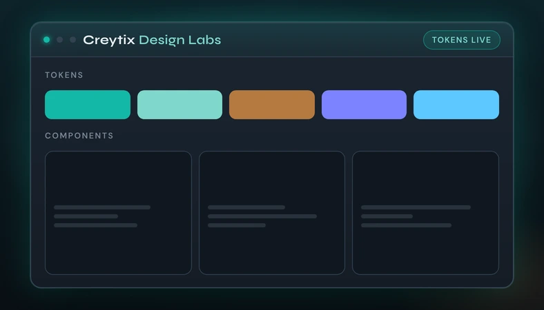 Creytix Design Labs token and component matrix on the dark shell