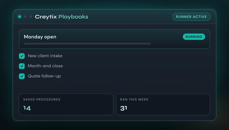 Creytix Playbooks saved procedures and routine runner on the dark operator shell